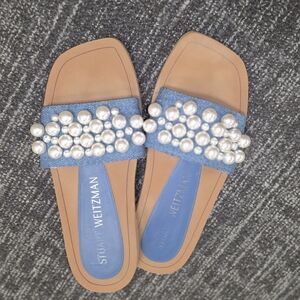 Stuart Weitzman Women’s Goldie Denim Pearl Blue Sandal Slides with Pearls
